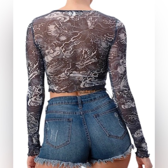 Sexy LONG SLEEVE DRAGON PRINT MESH cropped CROP TOP Raver party t-shirt New L/S - Picture 6 of 6